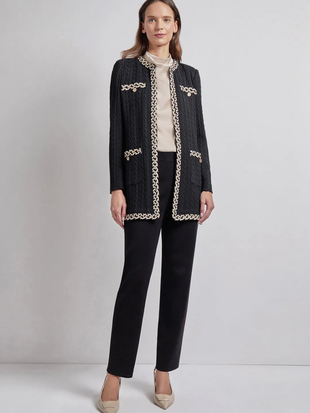 Hot Jewel Neck Contrast Trim Cable Knit Jacket Jackets & Coats