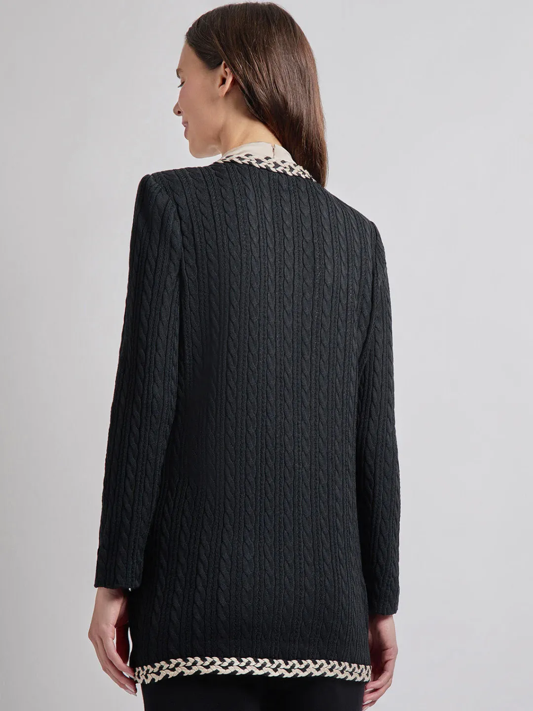 Hot Jewel Neck Contrast Trim Cable Knit Jacket Jackets & Coats