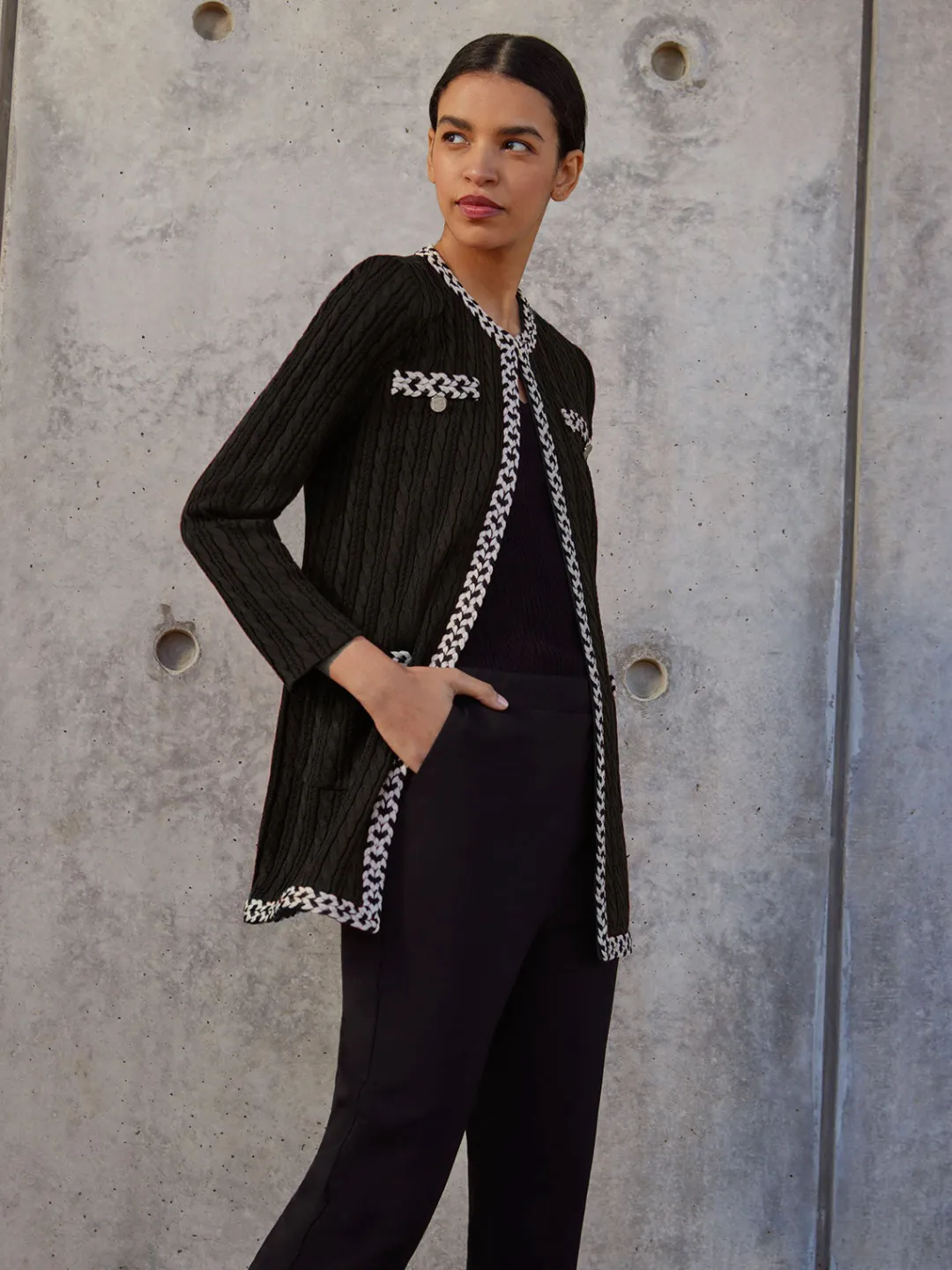Hot Jewel Neck Contrast Trim Cable Knit Jacket Jackets & Coats