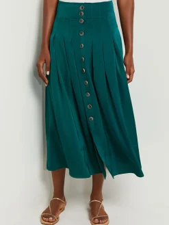 Discount Maxi Button Front A-Line Skirt - Pleated Woven Skirts