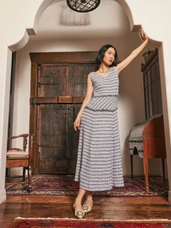 Best Maxi Drop Waist Dress - Fringe Trim Soft Tweed Knit Dresses