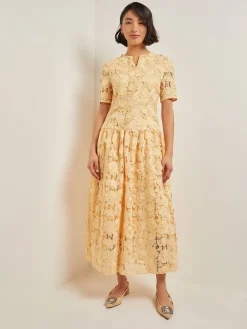 Clearance Maxi Pleated Drop Waist Dress - Floral Applique Woven Dresses