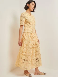 Clearance Maxi Pleated Drop Waist Dress - Floral Applique Woven Dresses