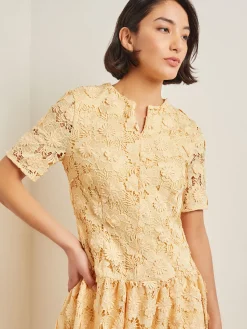 Clearance Maxi Pleated Drop Waist Dress - Floral Applique Woven Dresses