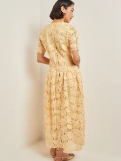 Clearance Maxi Pleated Drop Waist Dress - Floral Applique Woven Dresses