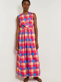 Clearance Maxi Tie Waist Dress - Plaid Cotton Blend Dresses