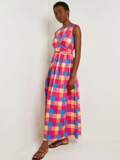Clearance Maxi Tie Waist Dress - Plaid Cotton Blend Dresses