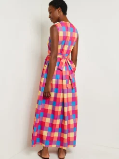 Clearance Maxi Tie Waist Dress - Plaid Cotton Blend Dresses