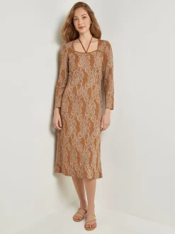 Clearance Midi A-Line Dress - Ribbed Lurex Jacquard Knit Dresses