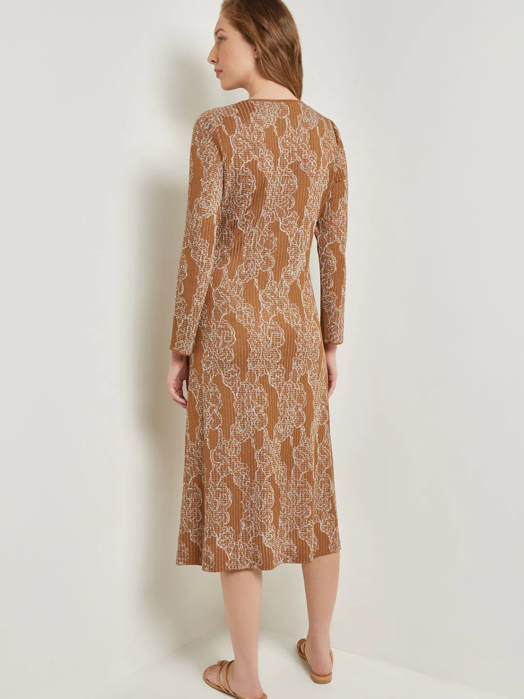 Clearance Midi A-Line Dress - Ribbed Lurex Jacquard Knit Dresses