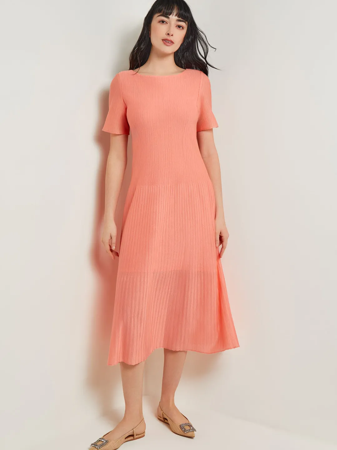 Hot Midi A-Line Dress - Short Sleeve Burnout Knit Dresses
