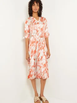 Hot Midi A-Line Dress - V-Neck Print Crepe de Chine Dresses