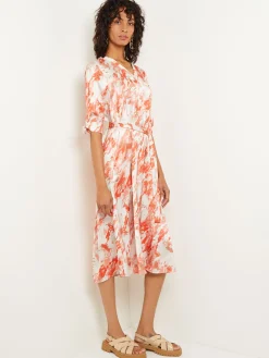 Hot Midi A-Line Dress - V-Neck Print Crepe de Chine Dresses