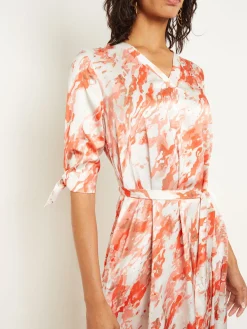 Hot Midi A-Line Dress - V-Neck Print Crepe de Chine Dresses