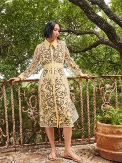 Clearance Midi Applique Shirtdress - Sheer Woven Dresses