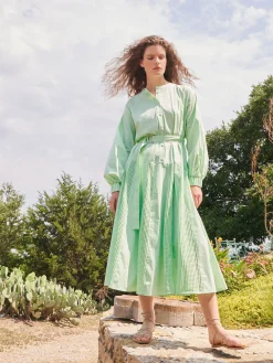 Outlet Midi Drop Waist Dress - Pointelle Stripe Mixed Media Dresses