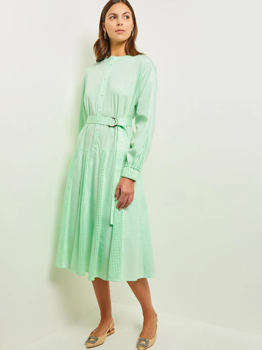 Outlet Midi Drop Waist Dress - Pointelle Stripe Mixed Media Dresses