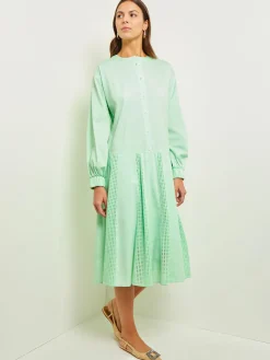 Outlet Midi Drop Waist Dress - Pointelle Stripe Mixed Media Dresses