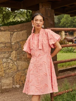 Online Mini Fit & Flare Dress - Puff Sleeve Fringe Applique Cotton Dresses
