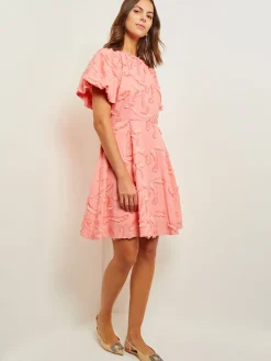 Online Mini Fit & Flare Dress - Puff Sleeve Fringe Applique Cotton Dresses