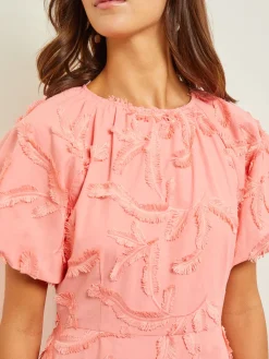 Online Mini Fit & Flare Dress - Puff Sleeve Fringe Applique Cotton Dresses