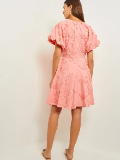 Online Mini Fit & Flare Dress - Puff Sleeve Fringe Applique Cotton Dresses