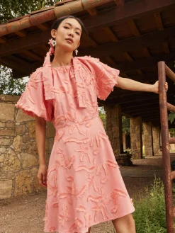 Online Mini Fit & Flare Dress - Puff Sleeve Fringe Applique Cotton Dresses