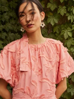 Online Mini Fit & Flare Dress - Puff Sleeve Fringe Applique Cotton Dresses