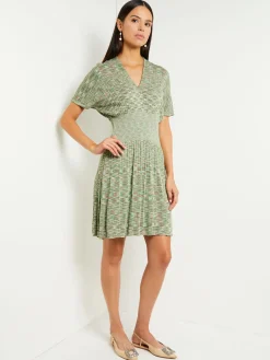 Online Mini Fit & Flare Dress - V-Neck Pleated Knit Dresses