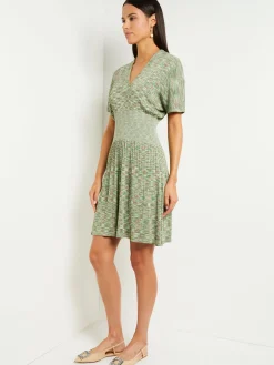 Online Mini Fit & Flare Dress - V-Neck Pleated Knit Dresses