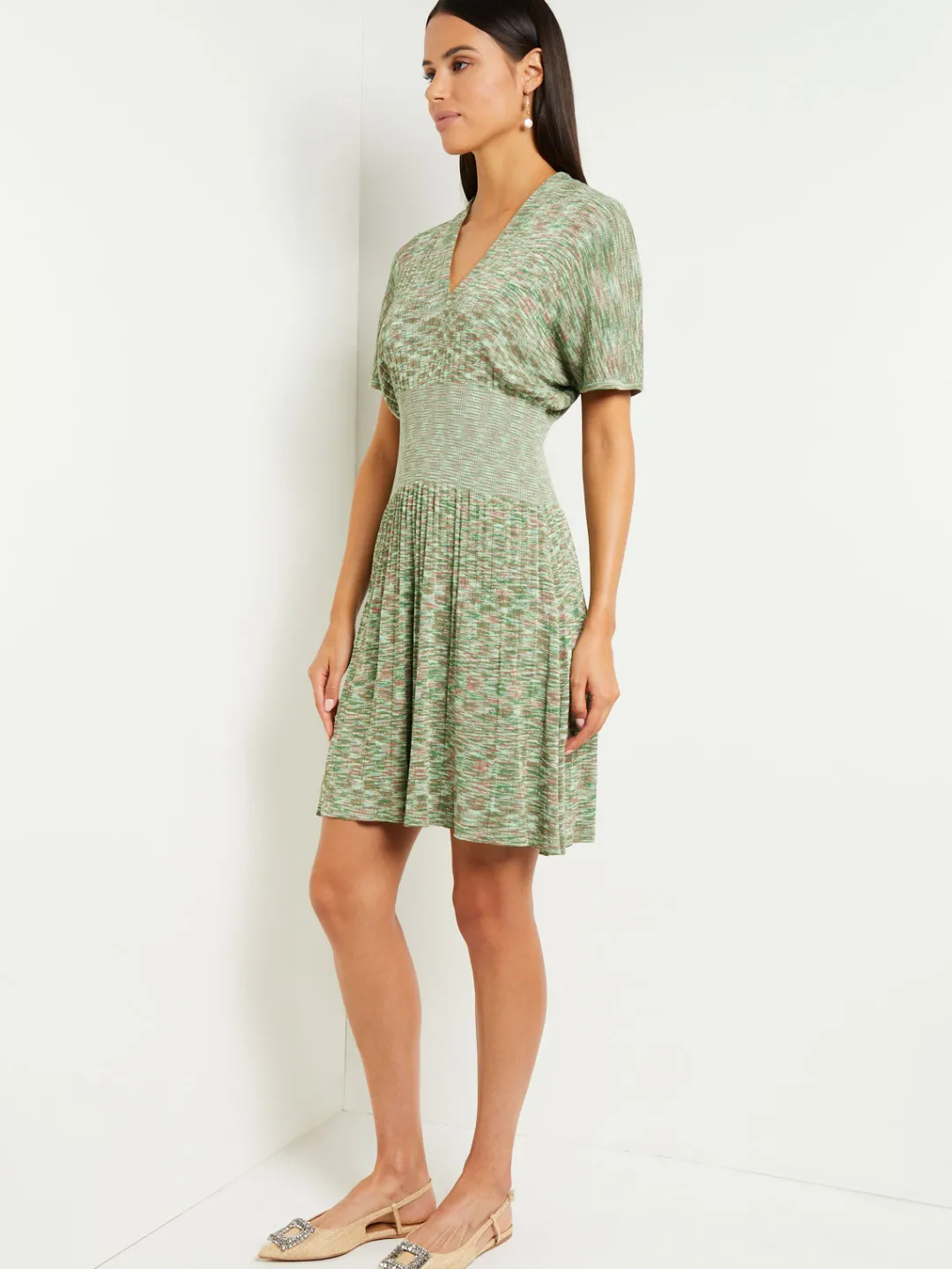 Online Mini Fit & Flare Dress - V-Neck Pleated Knit Dresses
