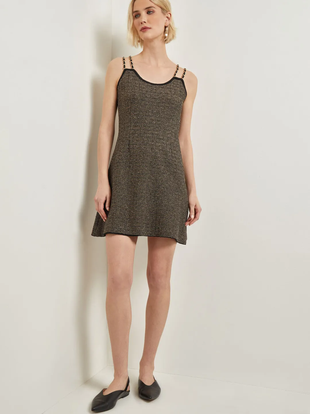 Discount Modern Fit A-Line Curb Chain Double Strap Knit Mini Dress Dresses