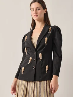 Fashion Modern Fit Beaded Applique Button Front Blazer Jackets & Coats