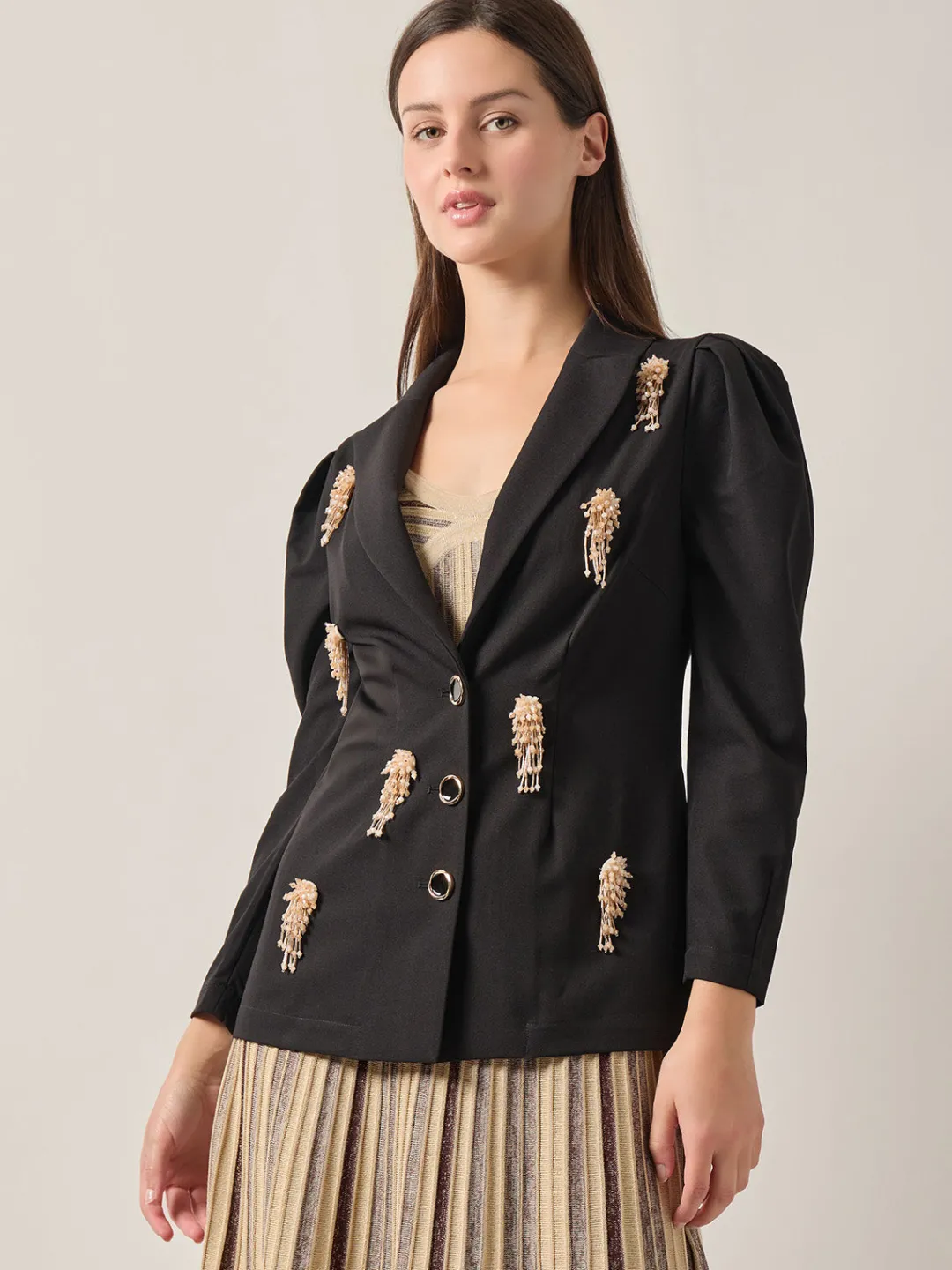Fashion Modern Fit Beaded Applique Button Front Blazer Jackets & Coats