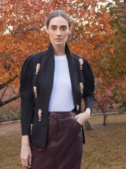 Fashion Modern Fit Beaded Applique Button Front Blazer Jackets & Coats