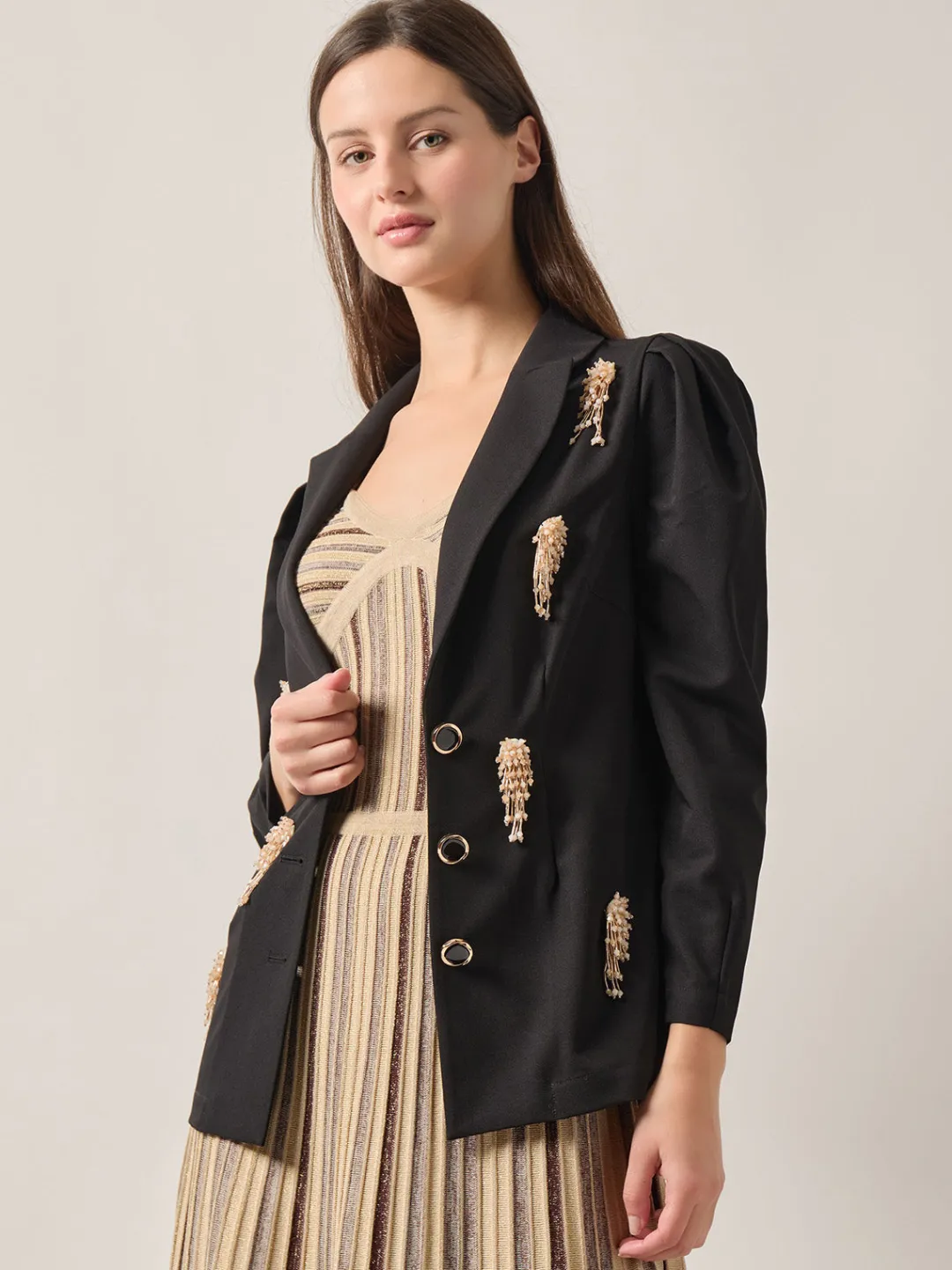Fashion Modern Fit Beaded Applique Button Front Blazer Jackets & Coats