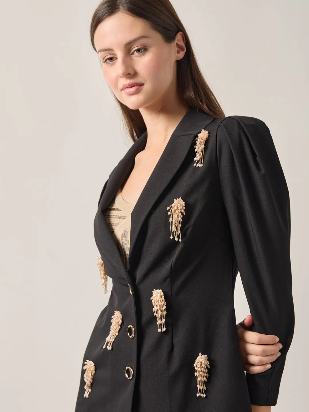 Fashion Modern Fit Beaded Applique Button Front Blazer Jackets & Coats