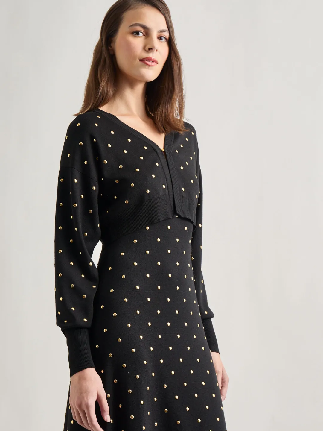 Fashion Modern Fit Cropped Gold Studded Soft Knit Cardigan Jackets & Coats