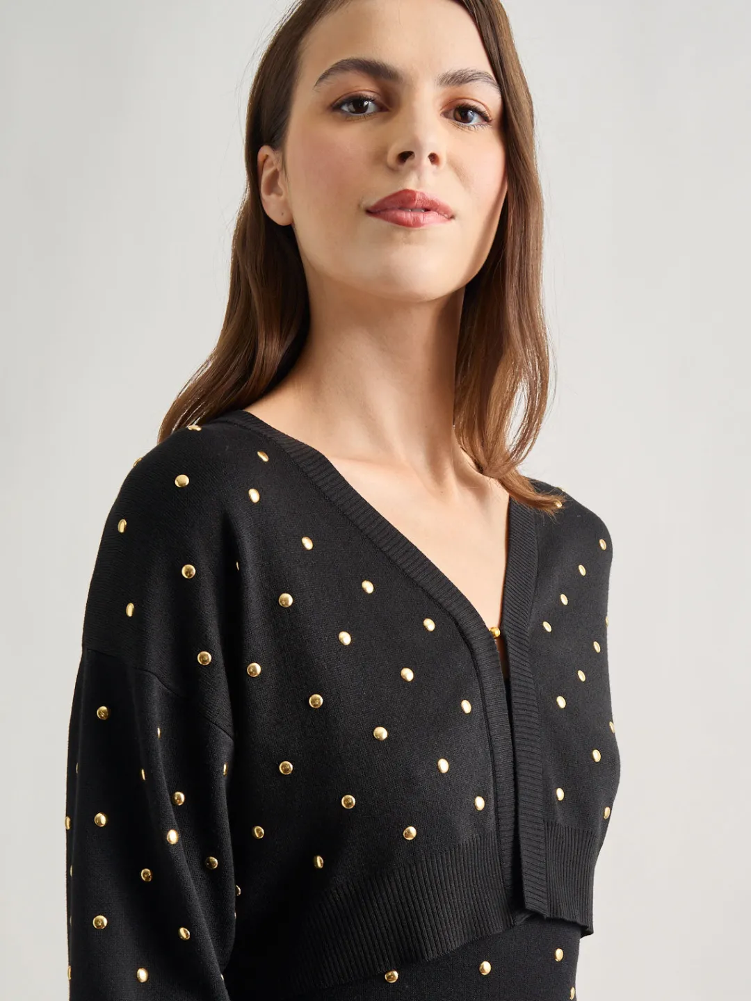 Fashion Modern Fit Cropped Gold Studded Soft Knit Cardigan Jackets & Coats