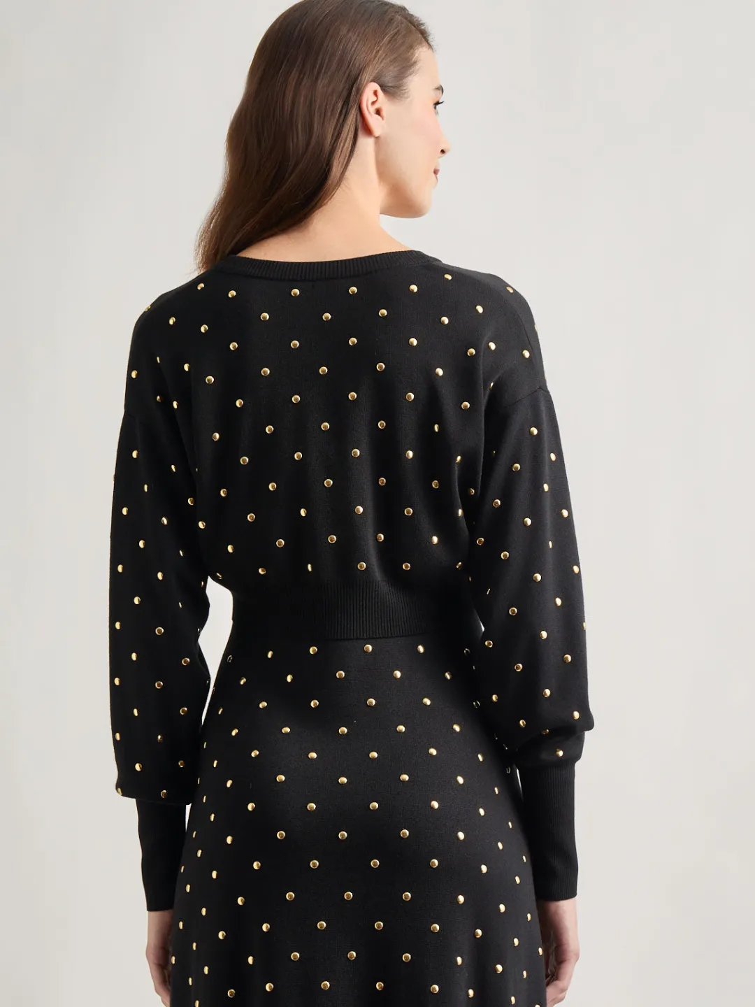 Fashion Modern Fit Cropped Gold Studded Soft Knit Cardigan Jackets & Coats