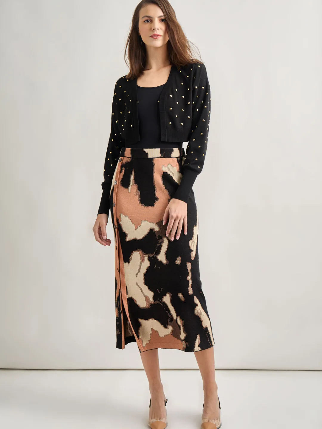 Fashion Modern Fit Cropped Gold Studded Soft Knit Cardigan Jackets & Coats