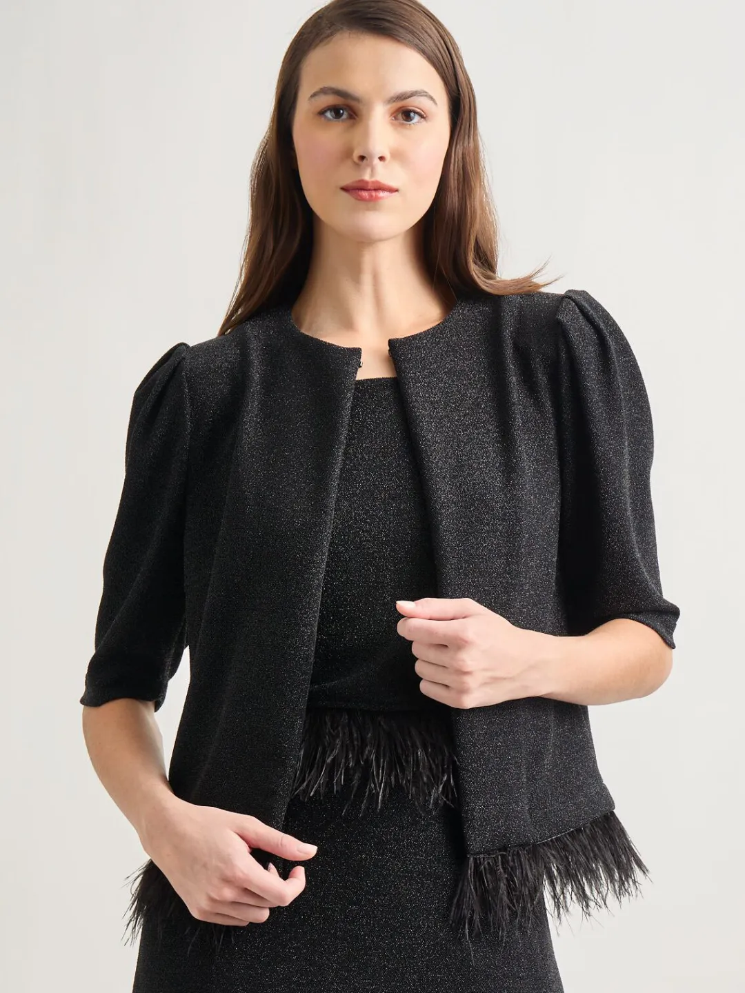 Clearance Modern Fit Ostrich Feather Trim Stretch Woven Jacket Jackets & Coats