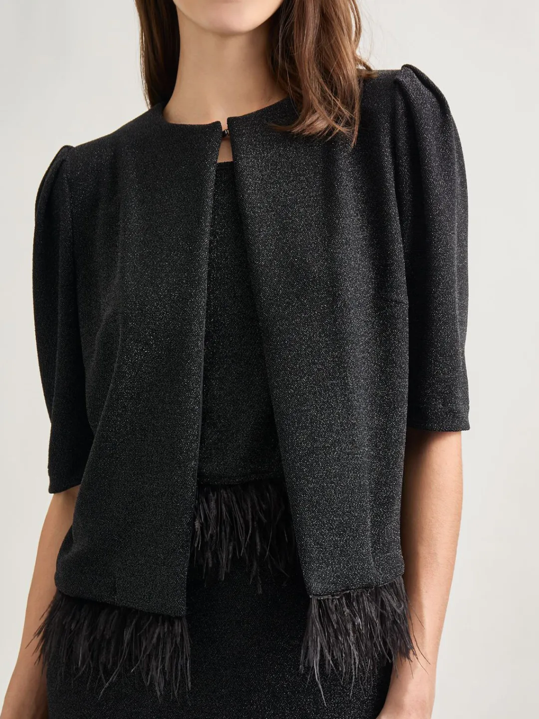 Clearance Modern Fit Ostrich Feather Trim Stretch Woven Jacket Jackets & Coats