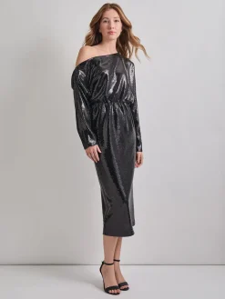 Outlet Modern Fit Sequin Novelty Woven Blouson Midi Dress Dresses