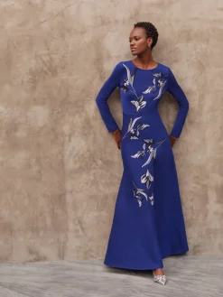 Clearance Modern Fit-and-Flare Embroidered Floral Knit Maxi Dress Dresses