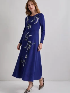 Clearance Modern Fit-and-Flare Embroidered Floral Knit Maxi Dress Dresses