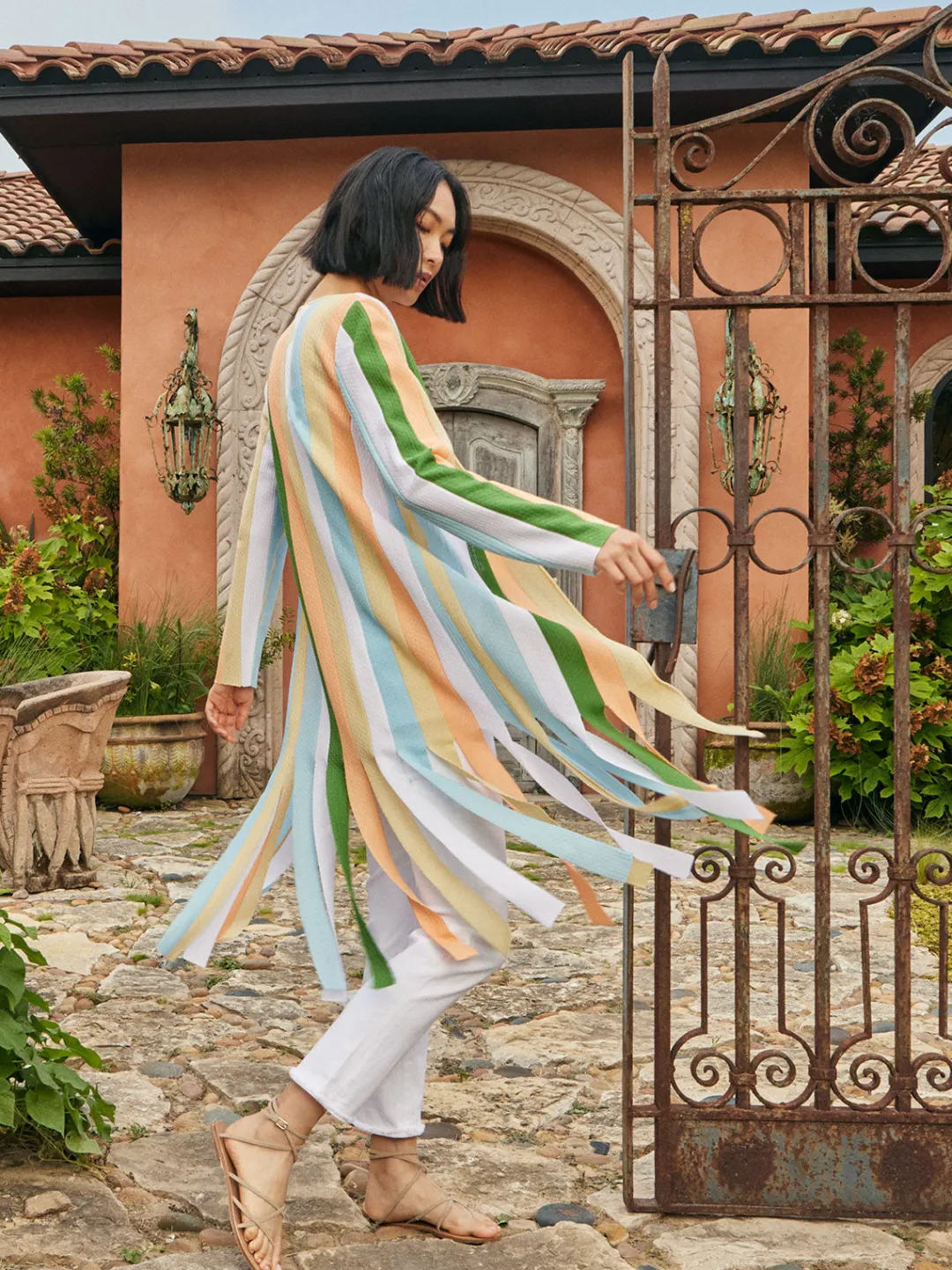 Outlet Open Neck Heritage Fit Jacket - Striped Intarsia Knit Fringe Hem Jackets & Coats