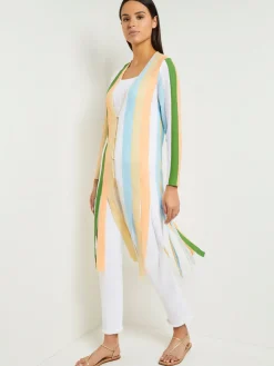 Outlet Open Neck Heritage Fit Jacket - Striped Intarsia Knit Fringe Hem Jackets & Coats