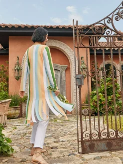 Outlet Open Neck Heritage Fit Jacket - Striped Intarsia Knit Fringe Hem Jackets & Coats