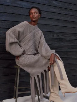 Sale Oversized Cable Knit Wool Blended Sheath Maxi Dress Dresses